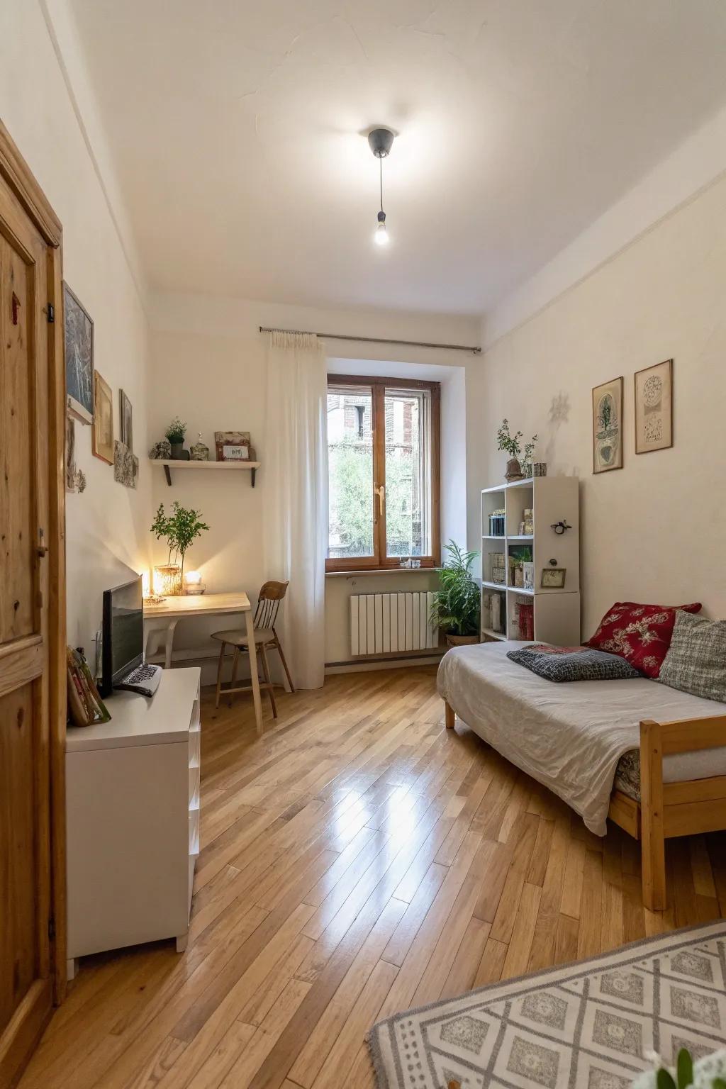 Light-colored flooring enhances the open feel of a small apartment.