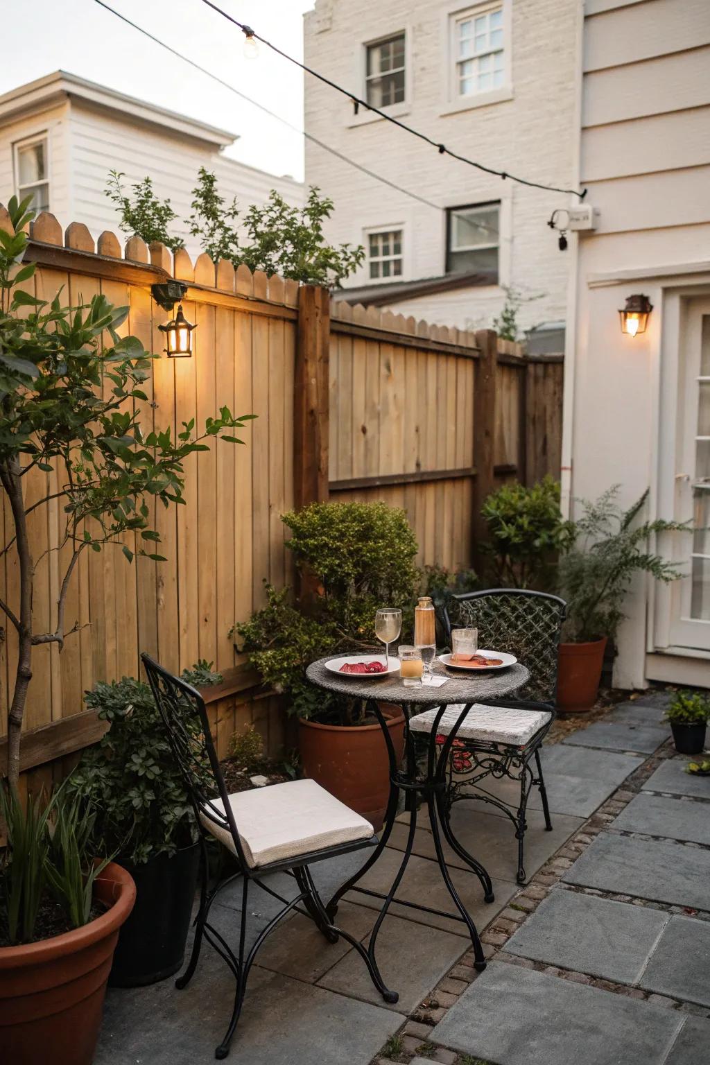 A dining nook provides a charming spot for outdoor meals.