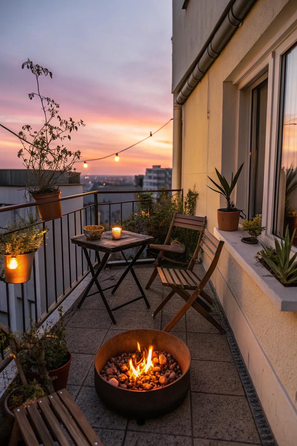 A fire pit extends balcony use into cooler nights.