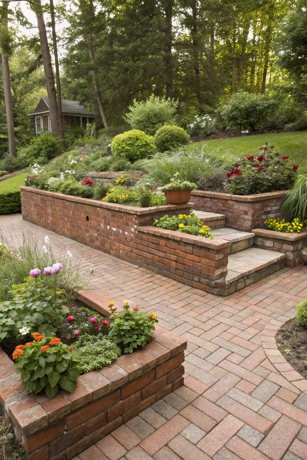 A brick patio with layered planting beds.