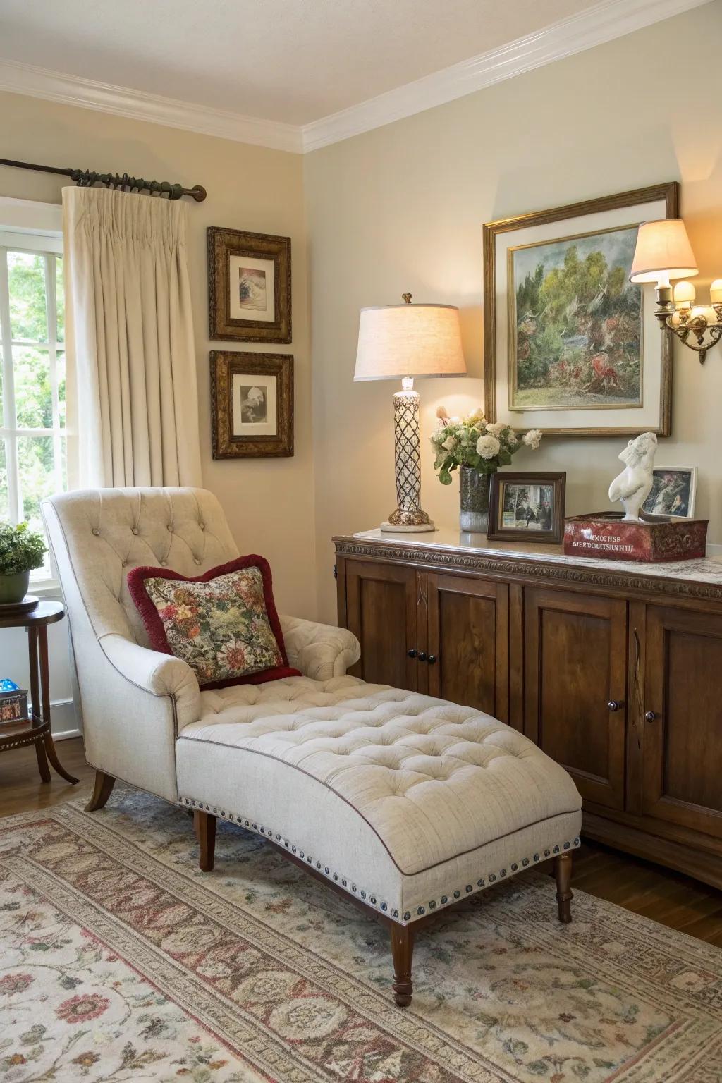 A smart and stylish living room layout with a chaise lounge next to a sideboard.