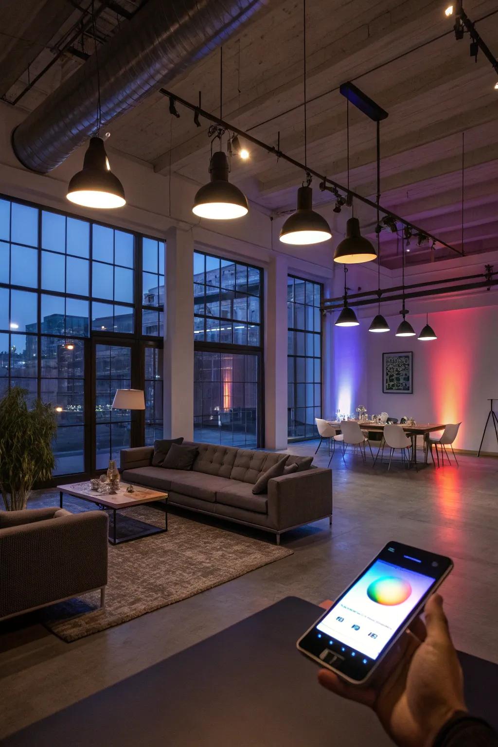 Smart lighting solutions enhancing the loft's ambiance and functionality.