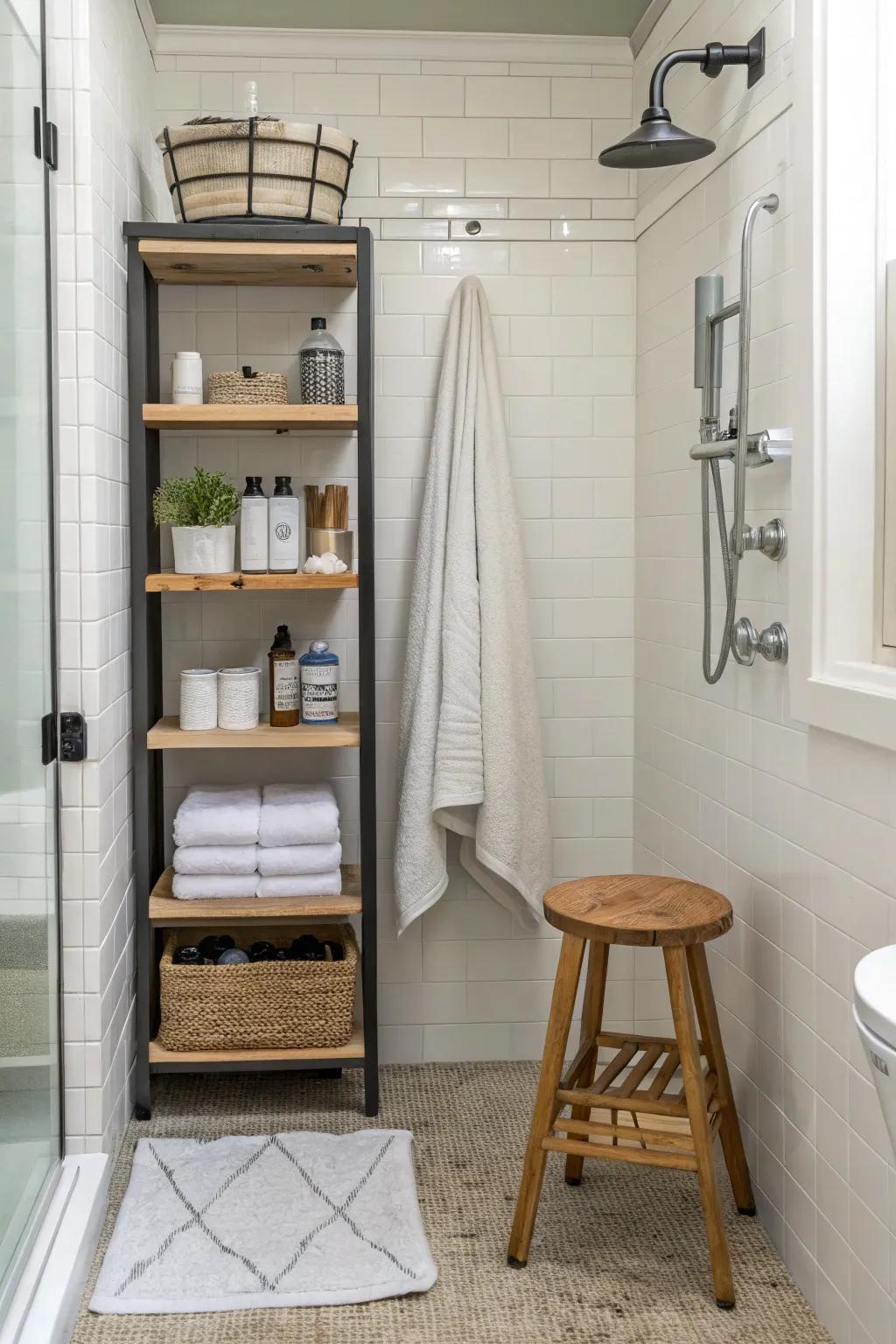 A small shower with a tiny stool for practical storage.