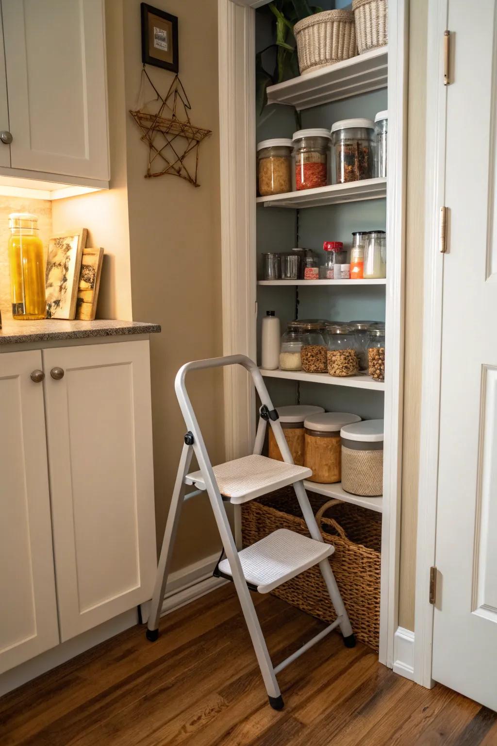 A folding step stool ensures safe access to high shelves.