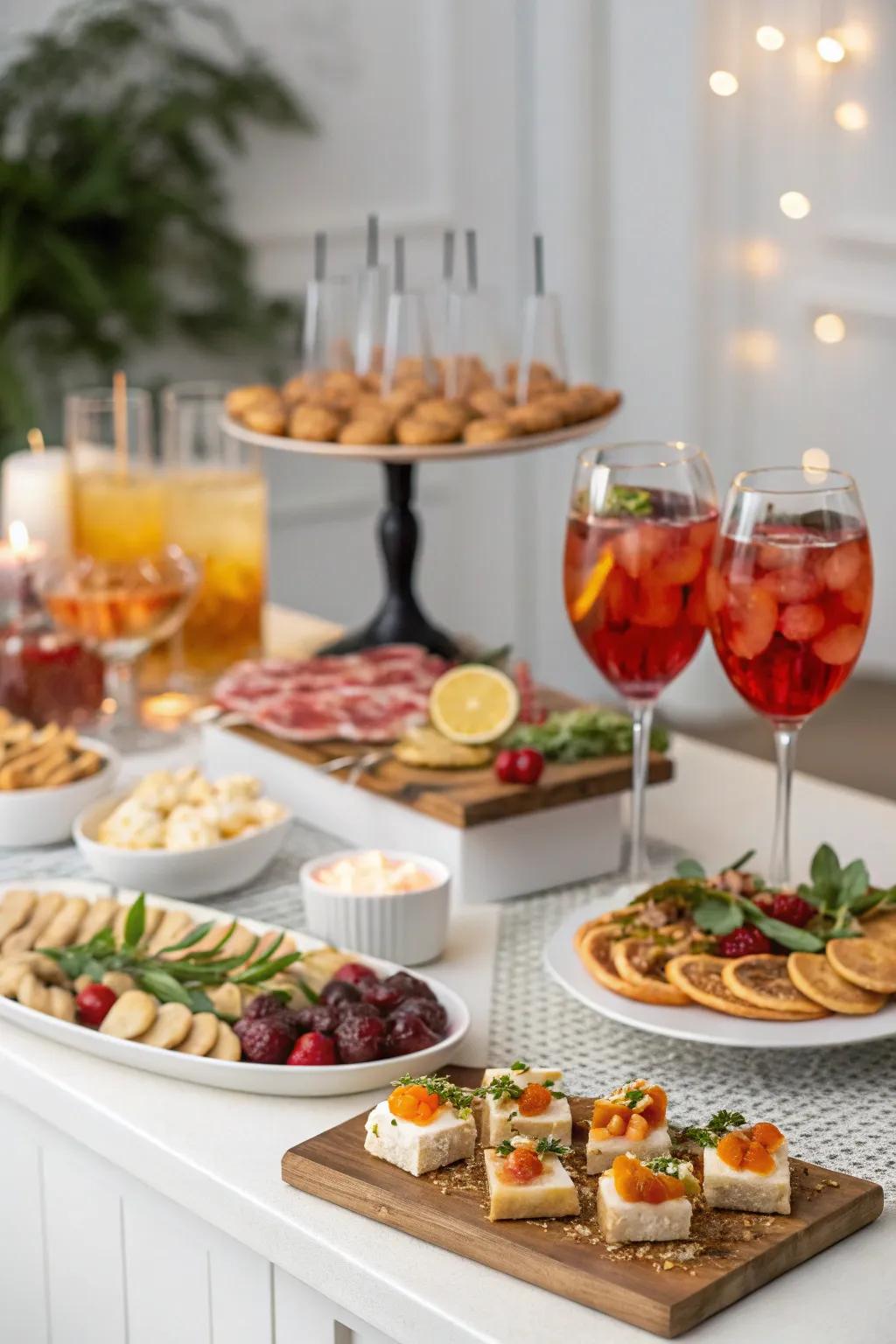 Themed drink pairings elevate the snack table experience.