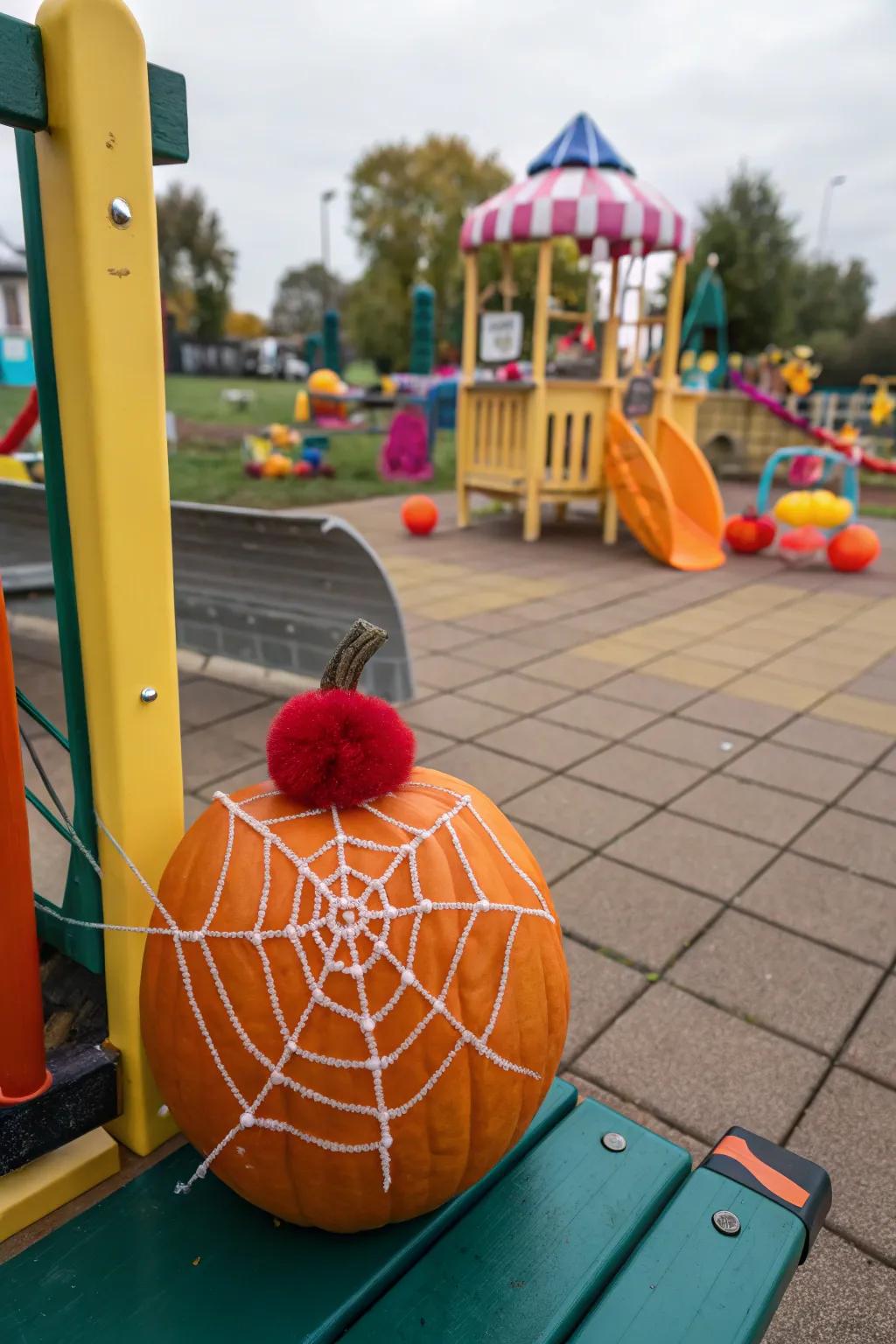 A pumpkin with playful pom-pom spider accents.