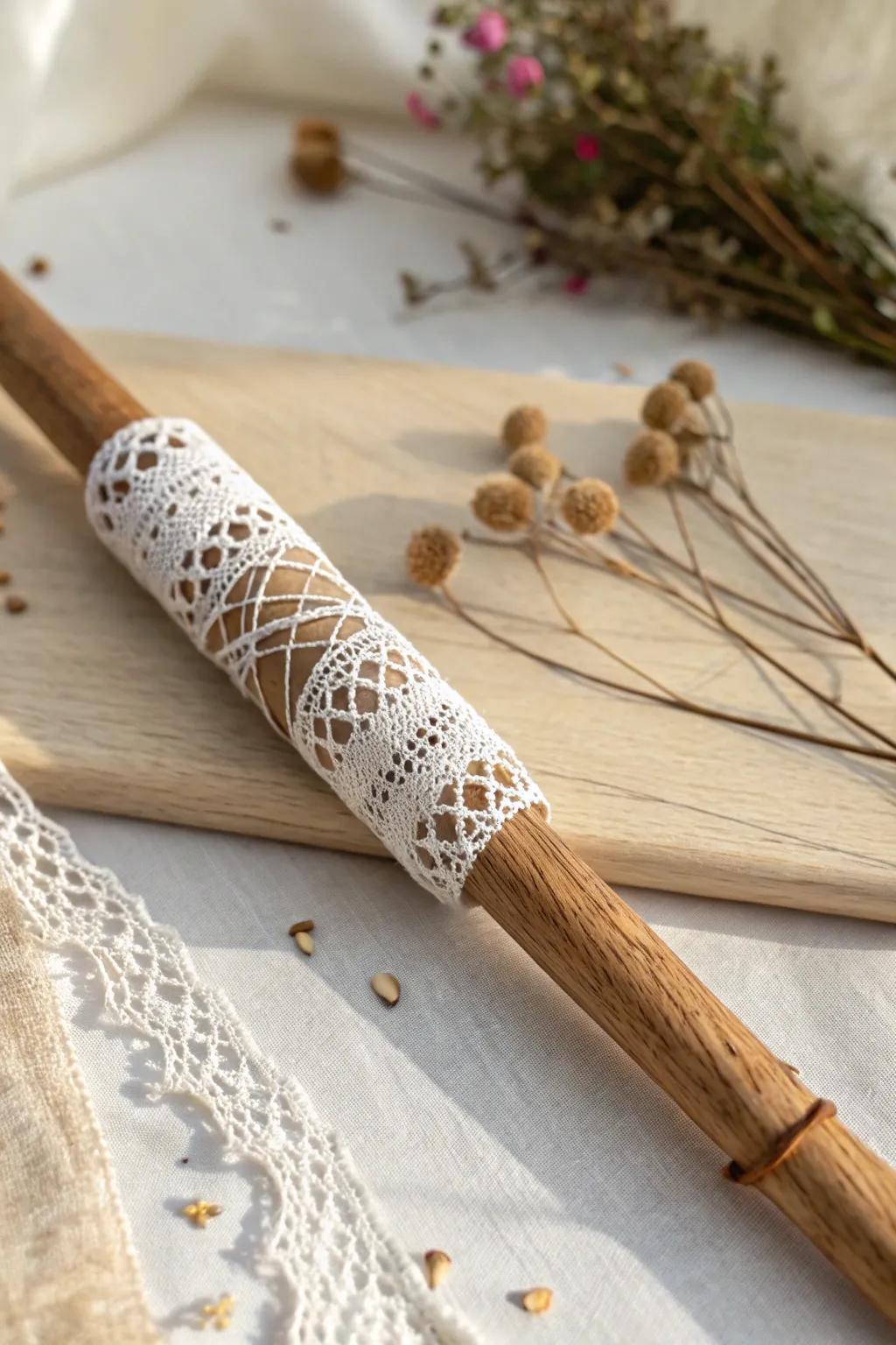 Embrace timeless elegance with this lace-adorned spirit stick, perfect for adding a sophisticated touch to any gathering.