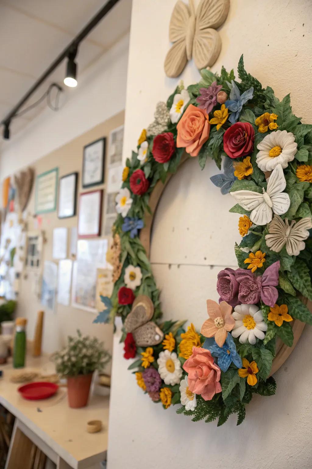 An artistic clay wreath that offers lasting beauty and charm.