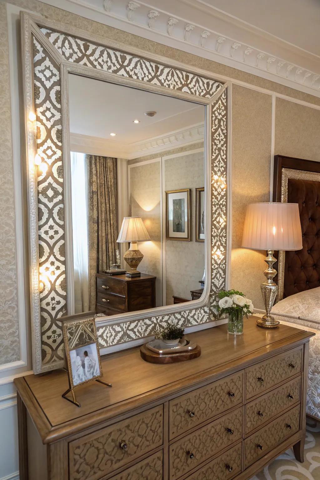 Enhance elegance with a stenciled pattern mirror frame.