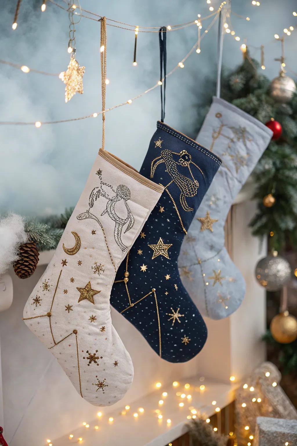 Magical starry night stockings for holiday wonder.