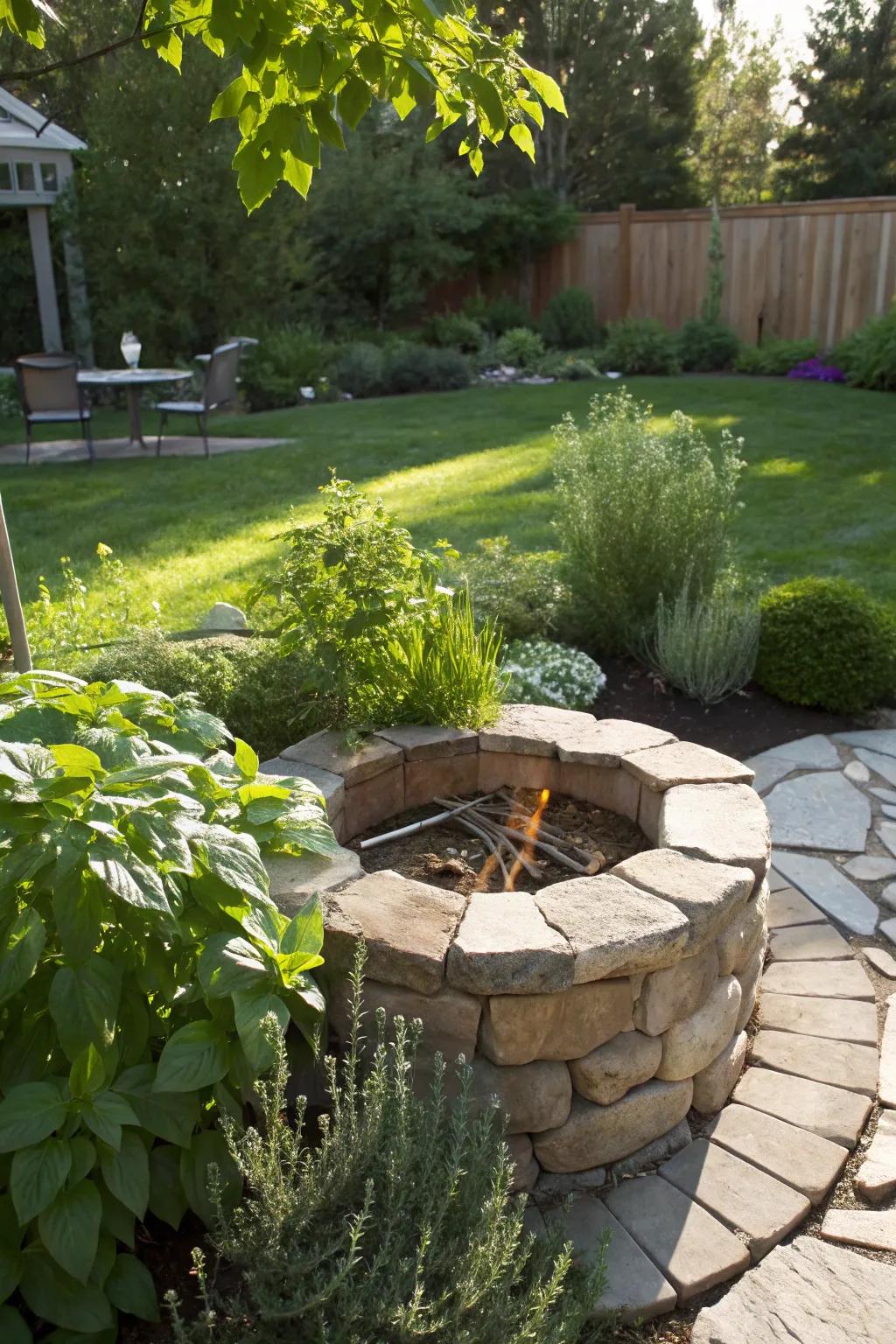 Herb garden around the fire pit offers fragrance and function.