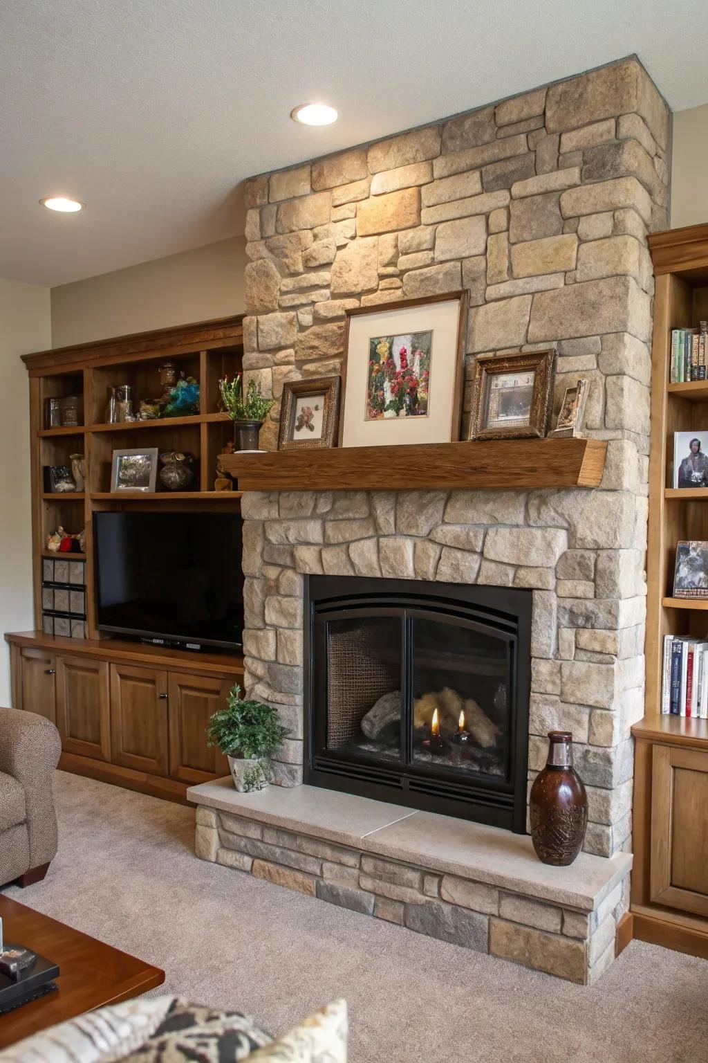 Built-in niches around the stone fireplace offer space for personalized decor.