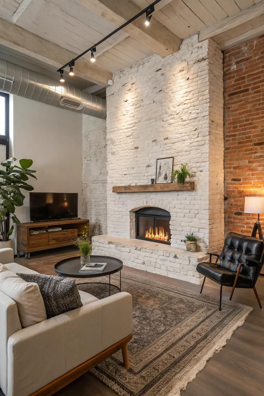 Exposed brick and stucco create an industrial-chic look in this living room.