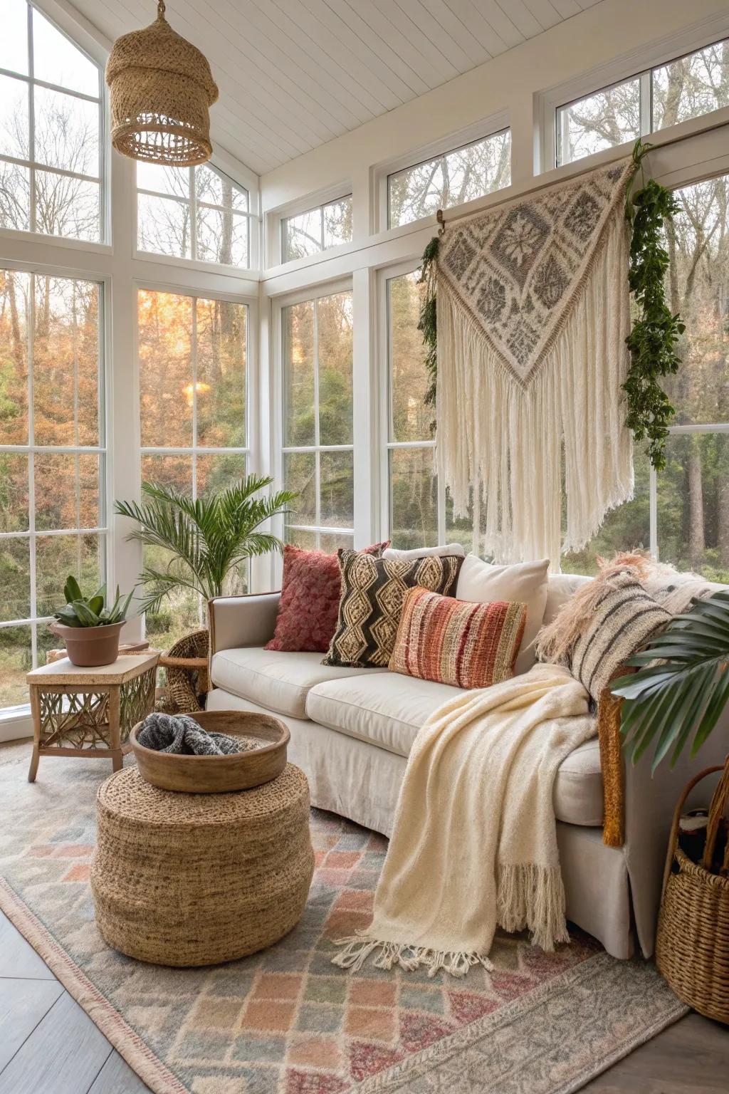 A modern bohemian retreat in a sunroom, rich with patterns and textures.