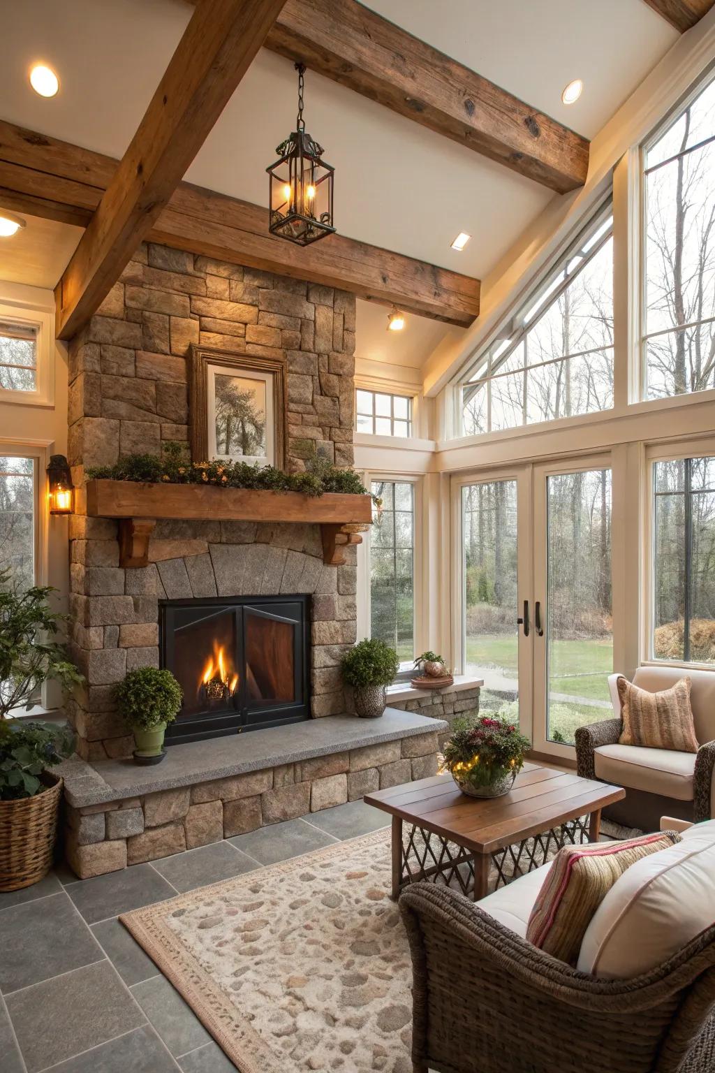 A rustic wooden beam mantel adding warmth and character to a sunroom fireplace.