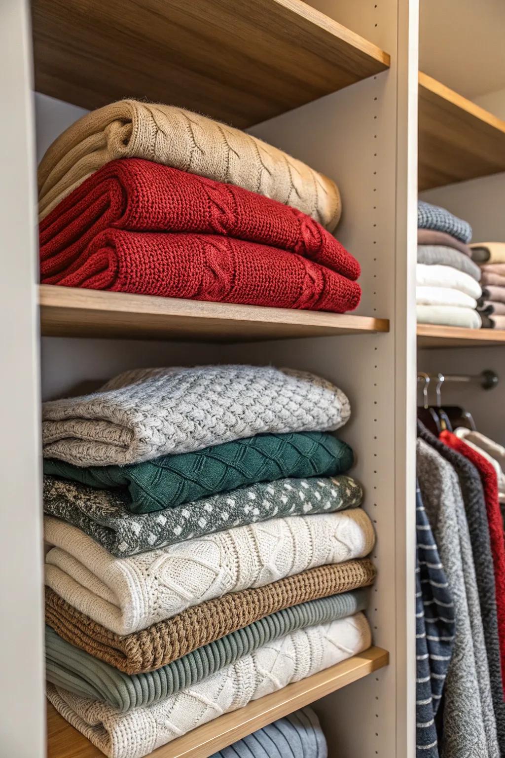 Vertical stacking optimizes space and visibility in your closet.