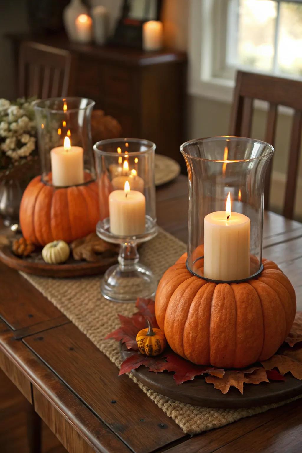 Pumpkin candle holders creating a cozy glow.