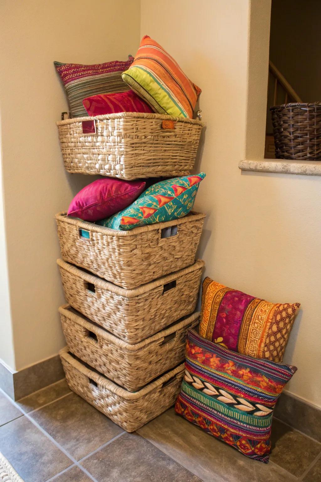 A tower of baskets providing a stylish storage solution for pillows.