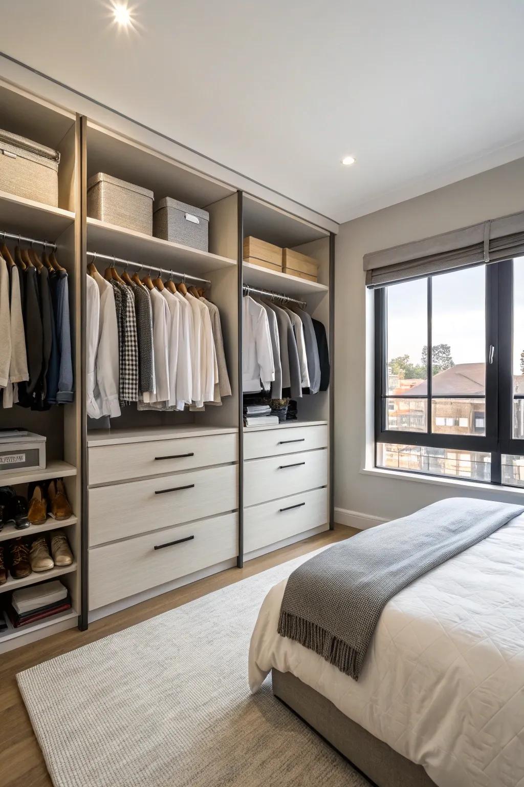 Maximized closet space keeps this townhouse bedroom organized and functional.