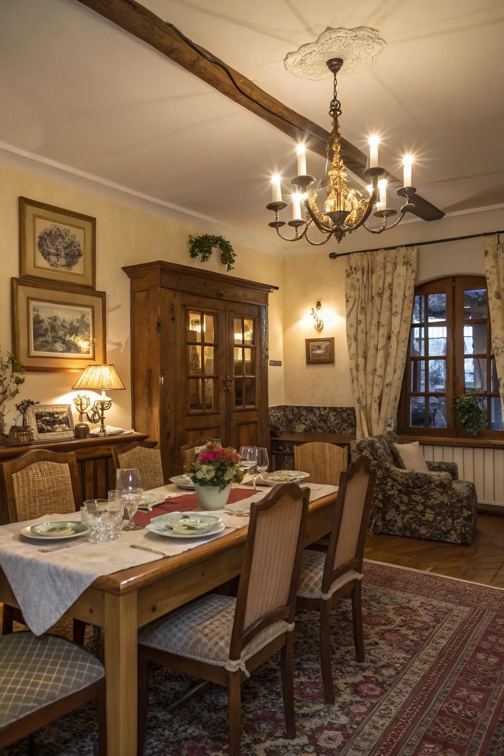 A cozy atmosphere makes the dining room inviting and memorable.