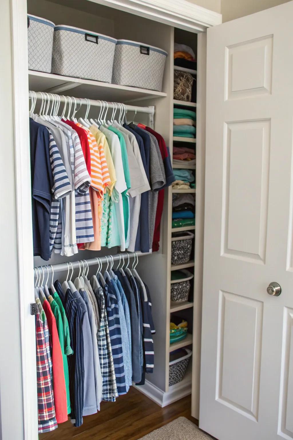 T-shirts stored in hanging organizers within a closet.