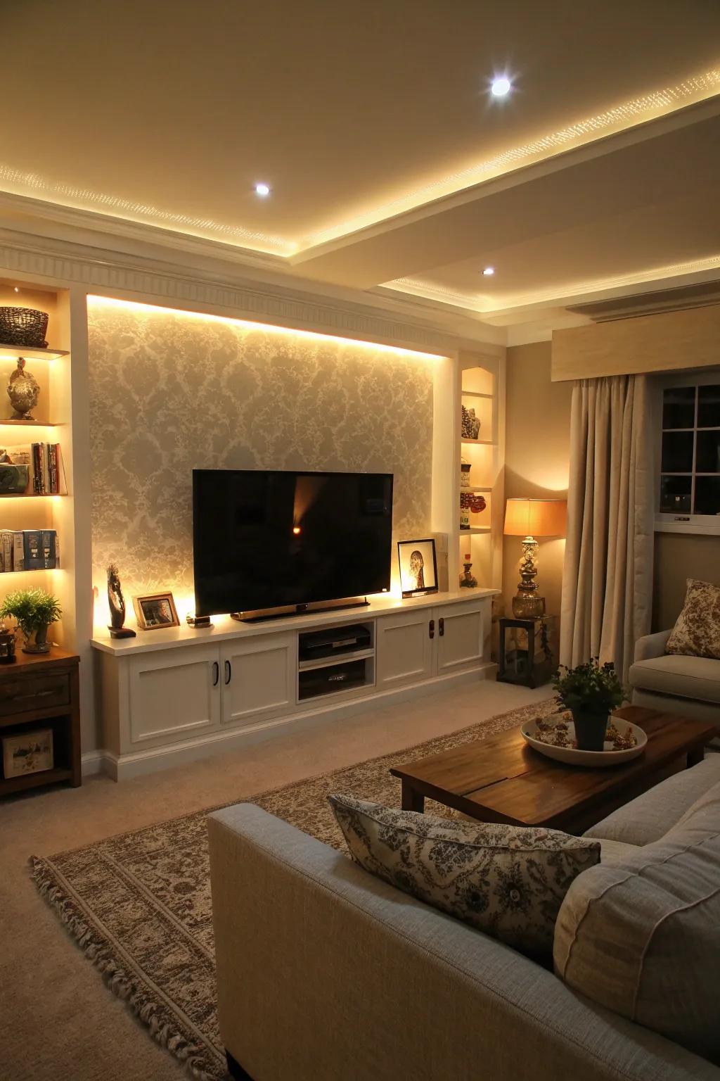 Built-in lighting around the TV enhances ambiance and comfort.