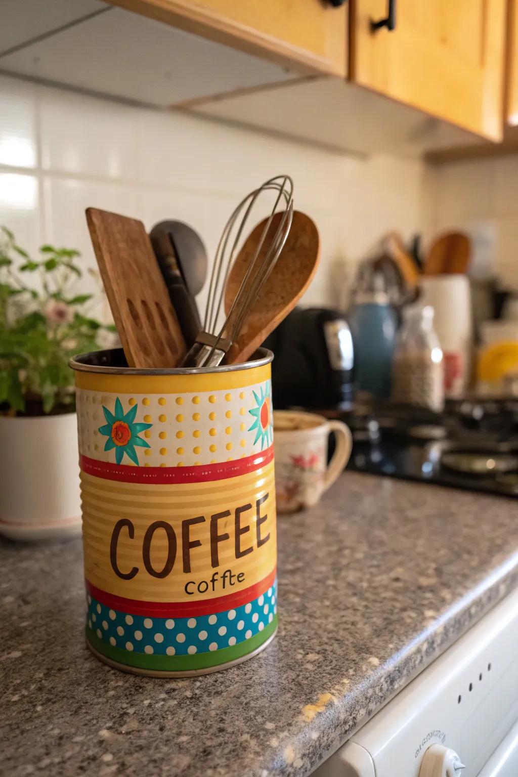 Coffee cans are a budget-friendly solution for utensil storage.