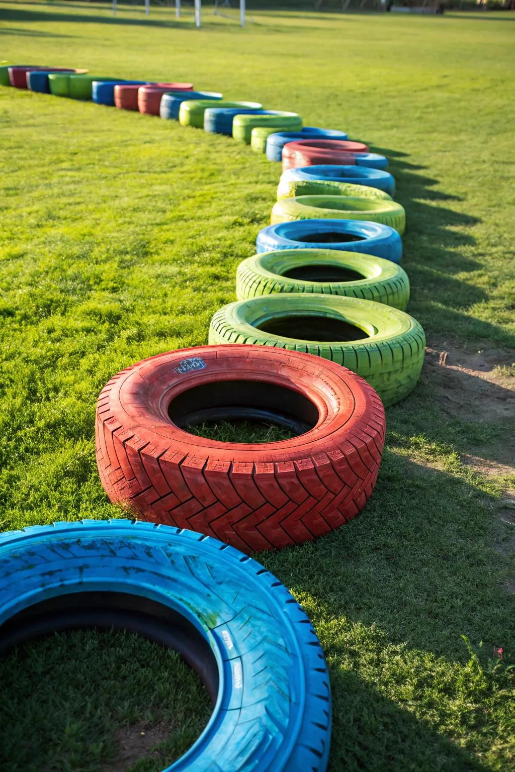 Elevate your workout routine with a vibrant agility course made from upcycled tires!