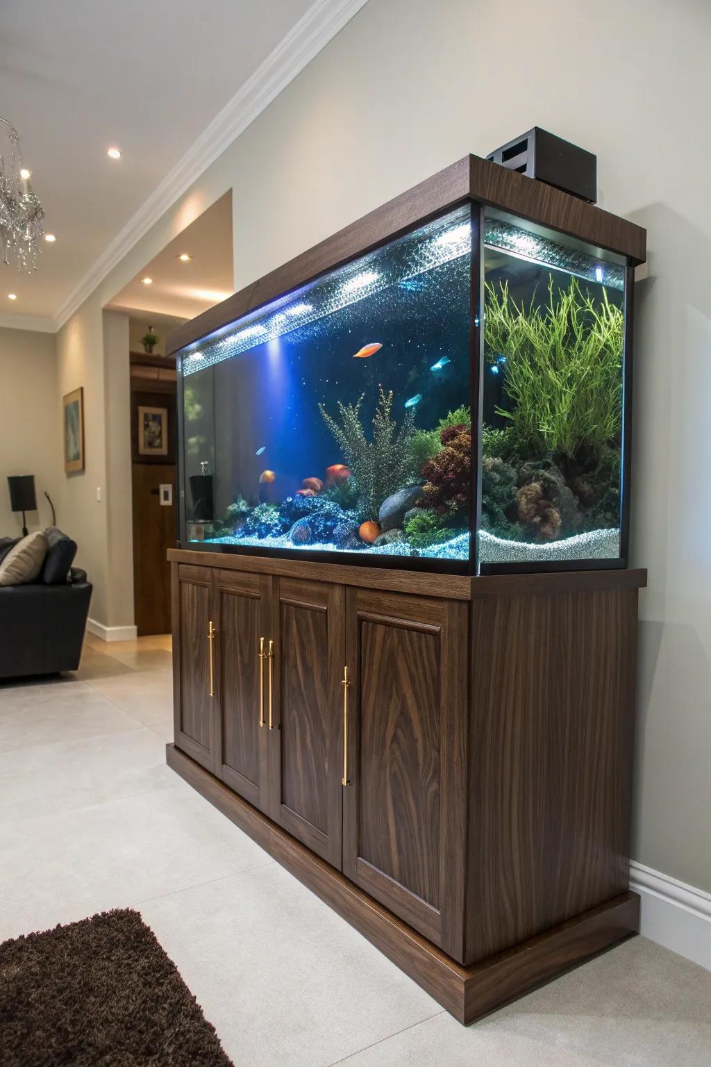 Transform your TV stand into a stunning aquarium base for a touch of tranquility and style.