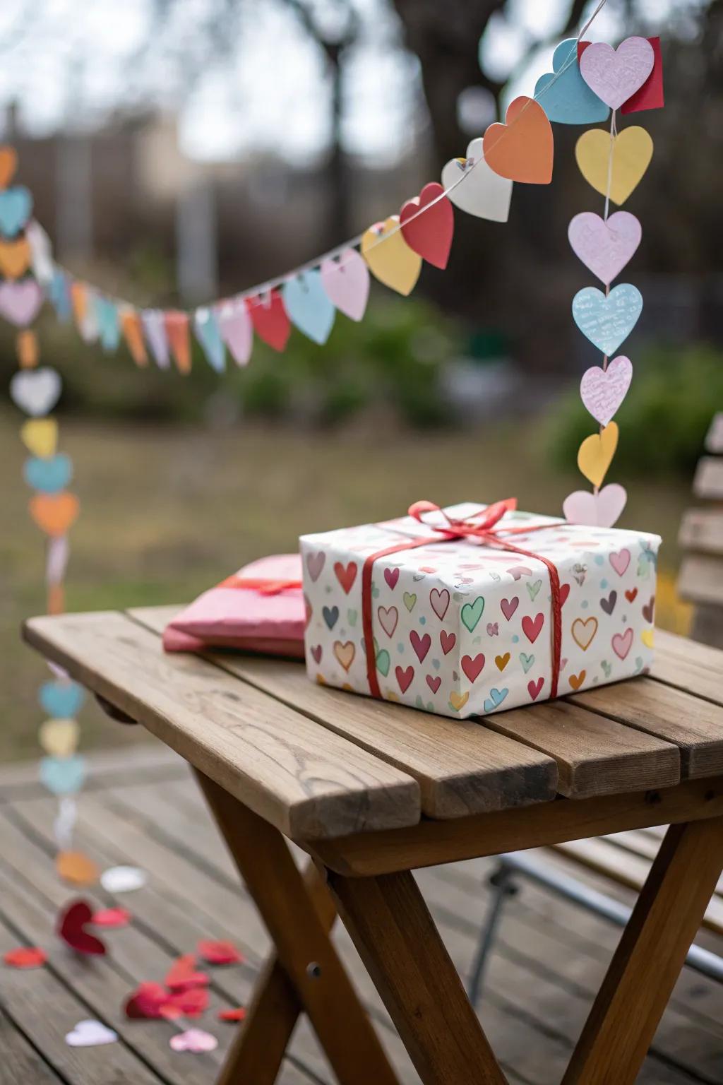 Paper hearts garland for a charming and reusable wrapping accessory.