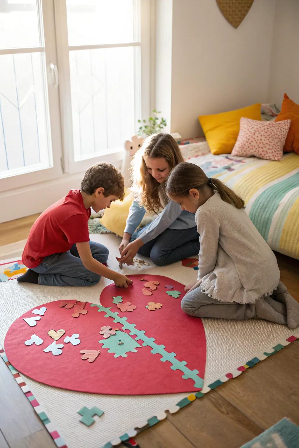 Teamwork in action with a heart-shaped puzzle.