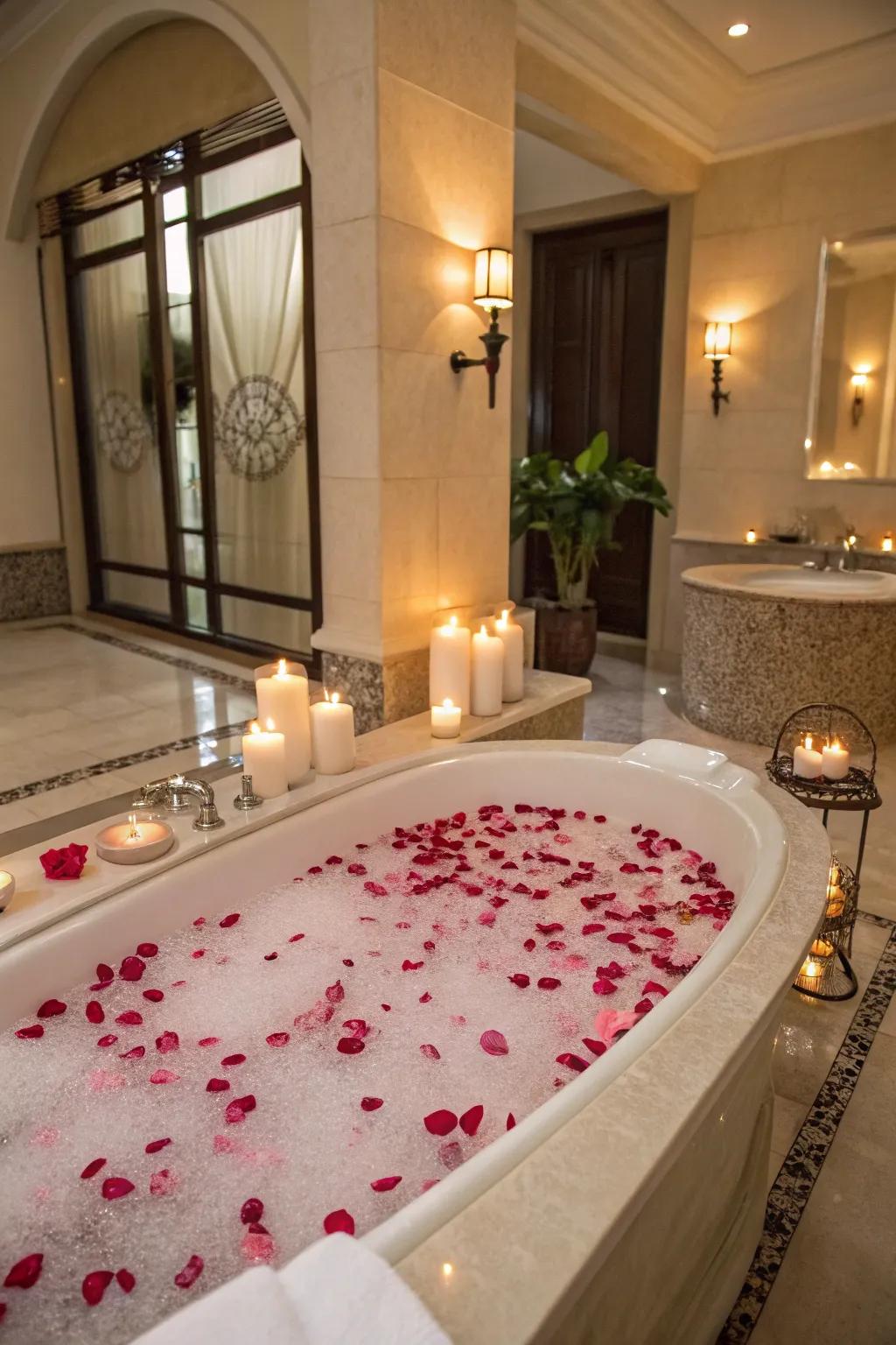 A romantic bubble bath offers relaxation and luxury.