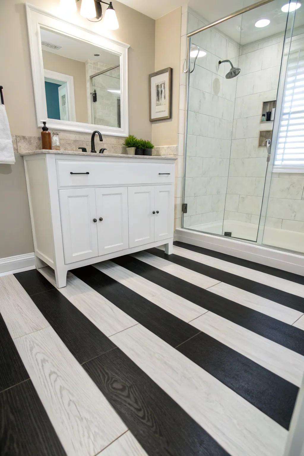 Black and white vinyl flooring creates a bold contrast in this bathroom.