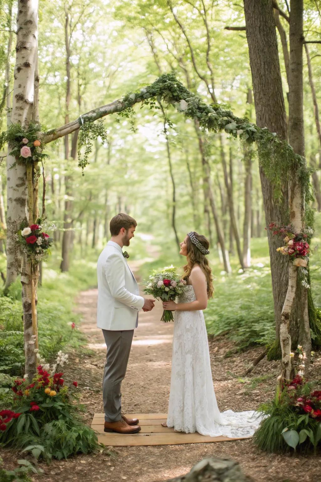 A serene vow renewal in a tranquil forest enclave.