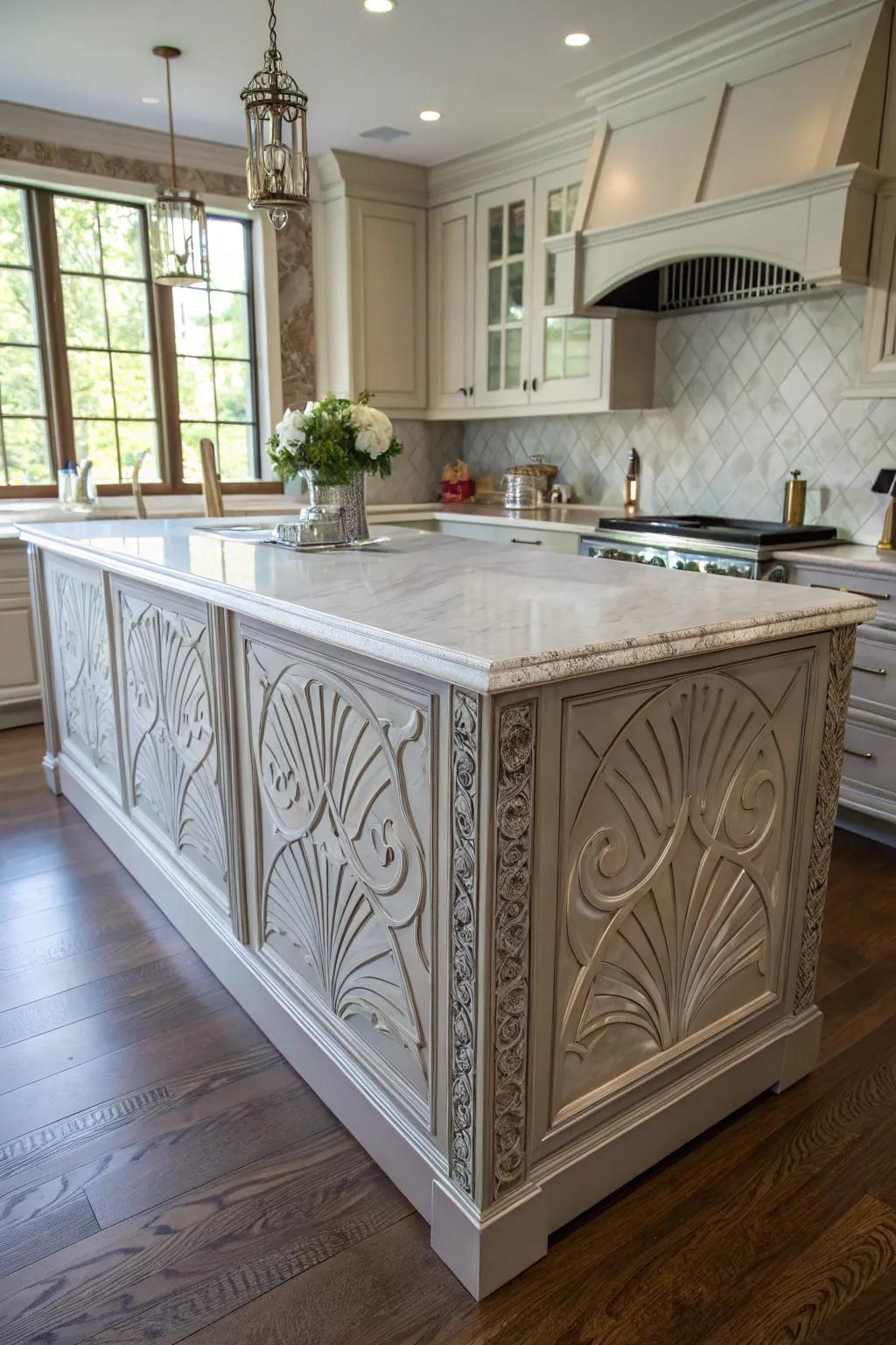 Sculptural wainscoting turns this kitchen island into a work of art.