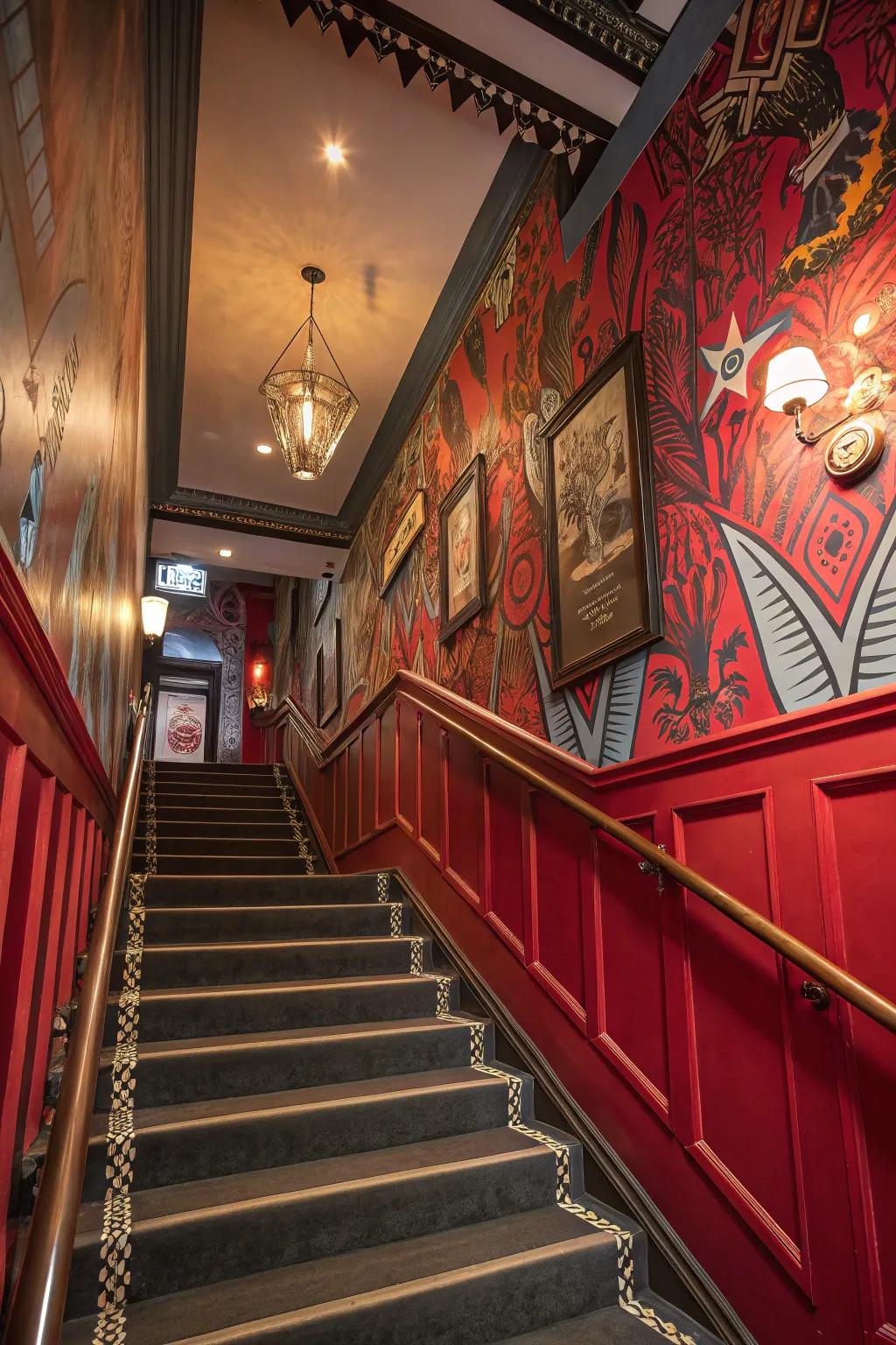 Bold accent colors for a dramatic and vibrant stairwell.