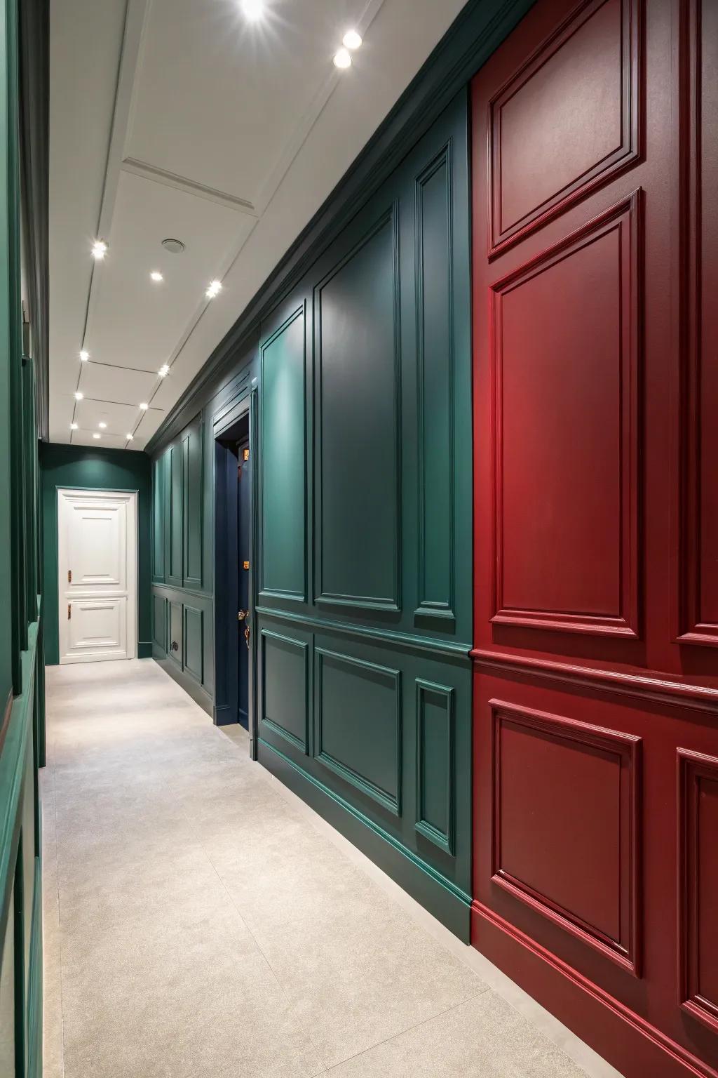 Hallway featuring modern minimalist wainscoting in bold colors.