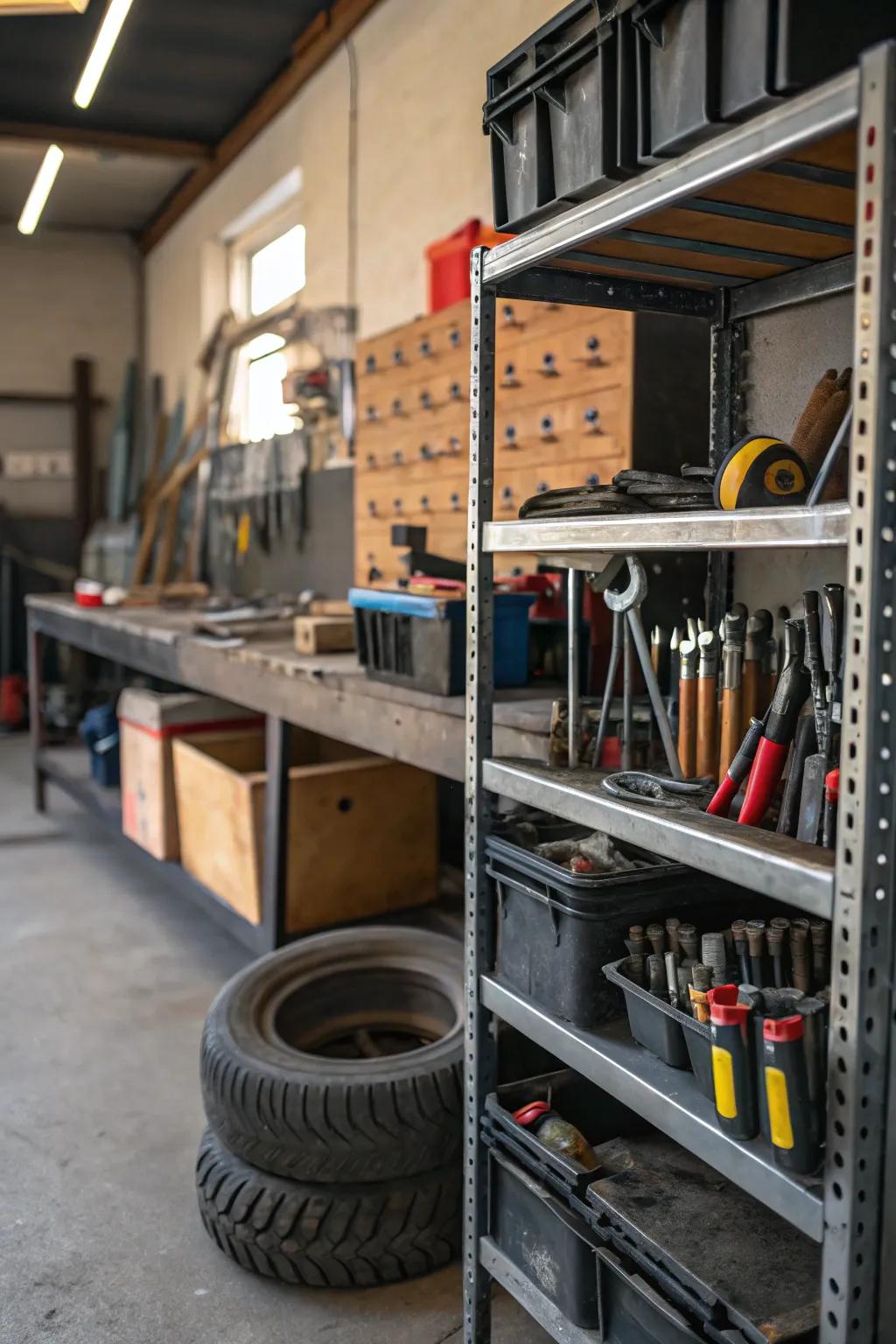 Metal shelving is ideal for sturdy storage solutions.