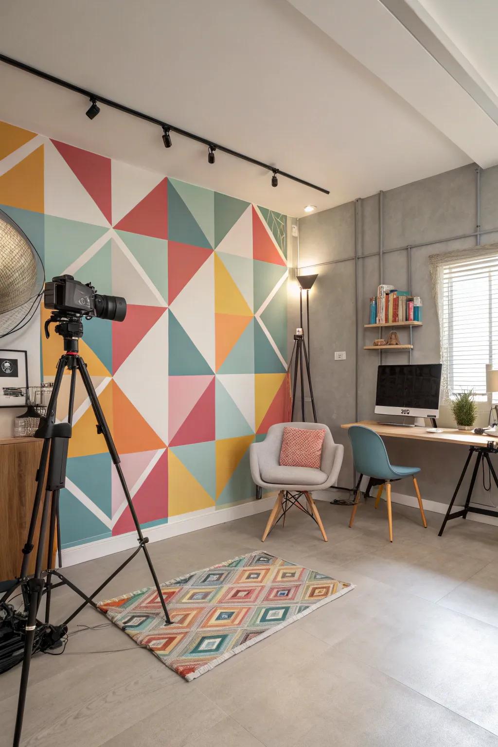 A vibrant studio with geometric wallpaper and muted neutrals.