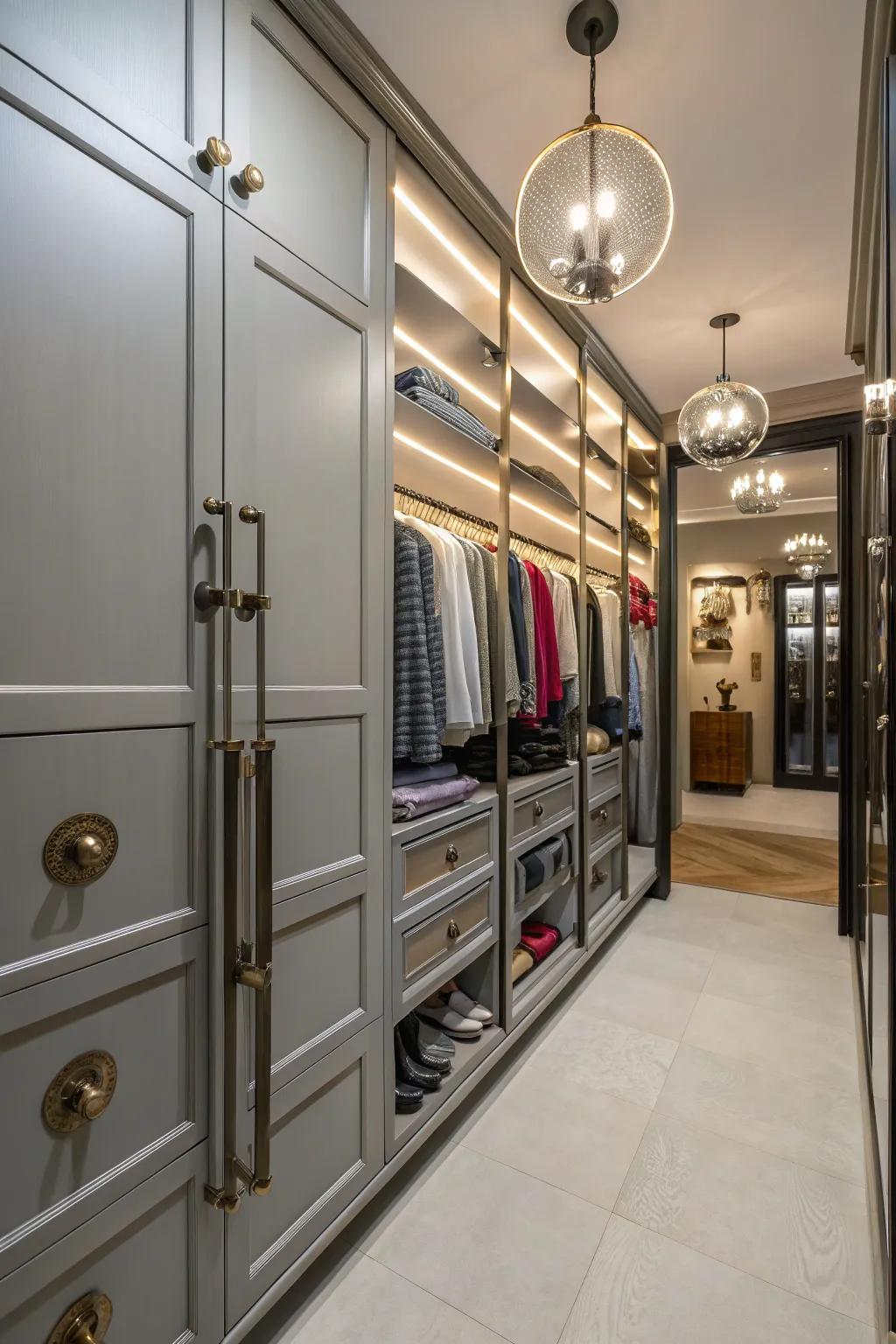 Metallic accents add glamour and sophistication to the wardrobe room.