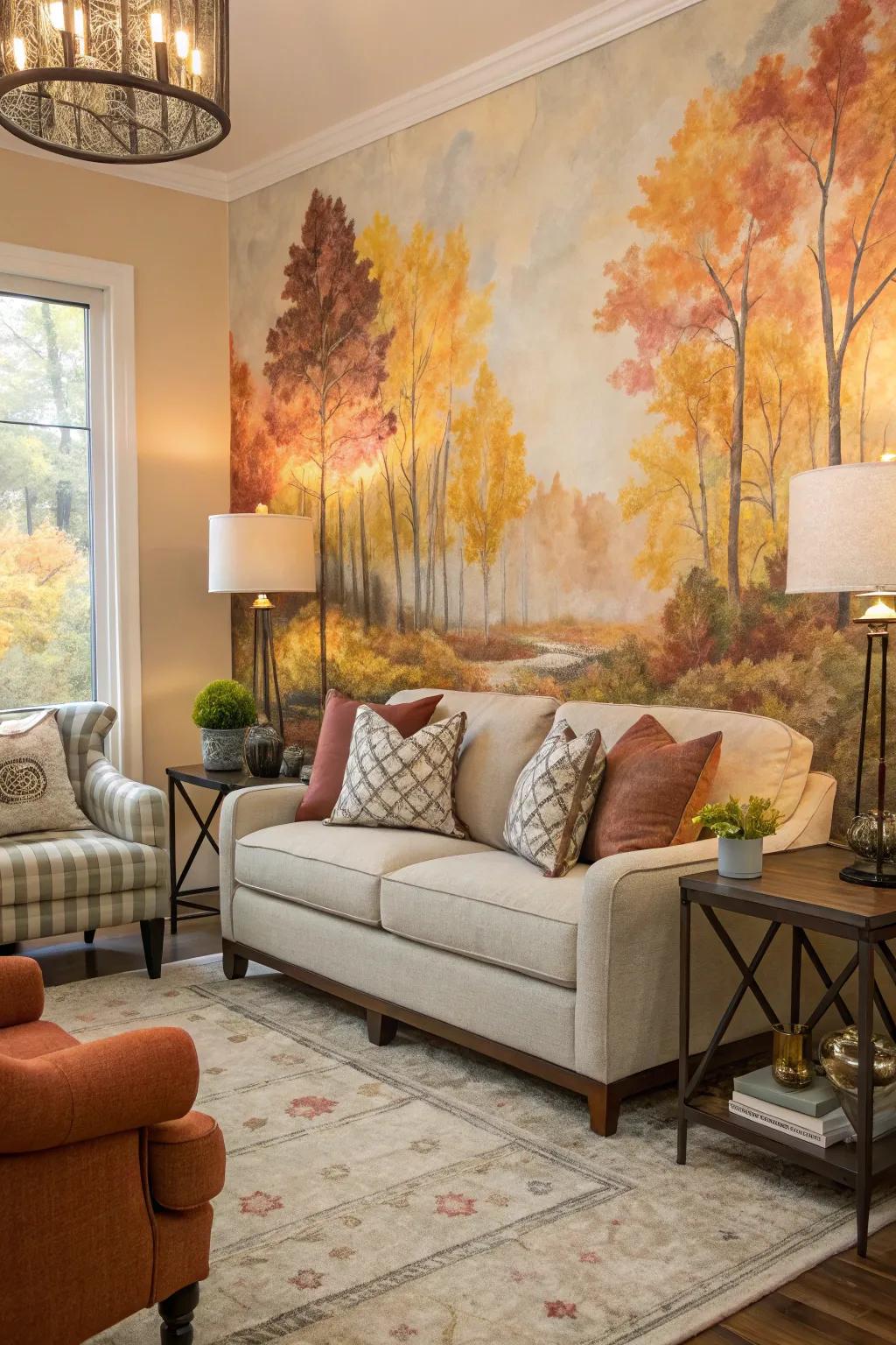 An autumn-inspired watercolor background brings warmth to a cozy living room.