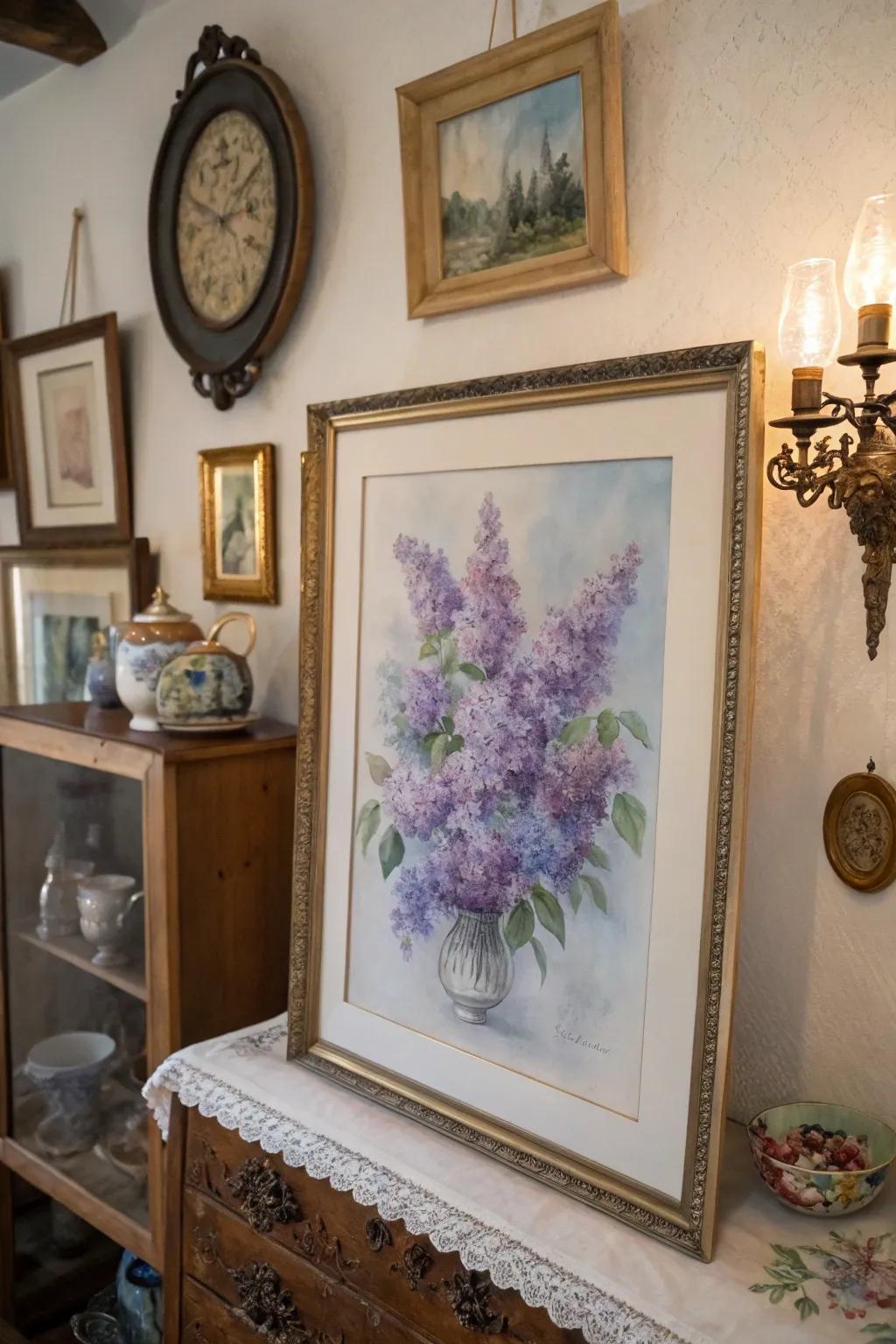 Evoke nostalgia with this mysterious painting of lilacs.