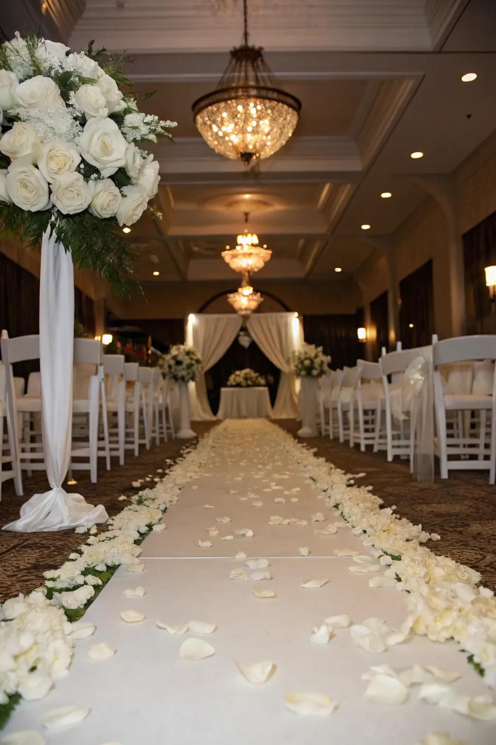 A classic white rose pathway for a wedding aisle.