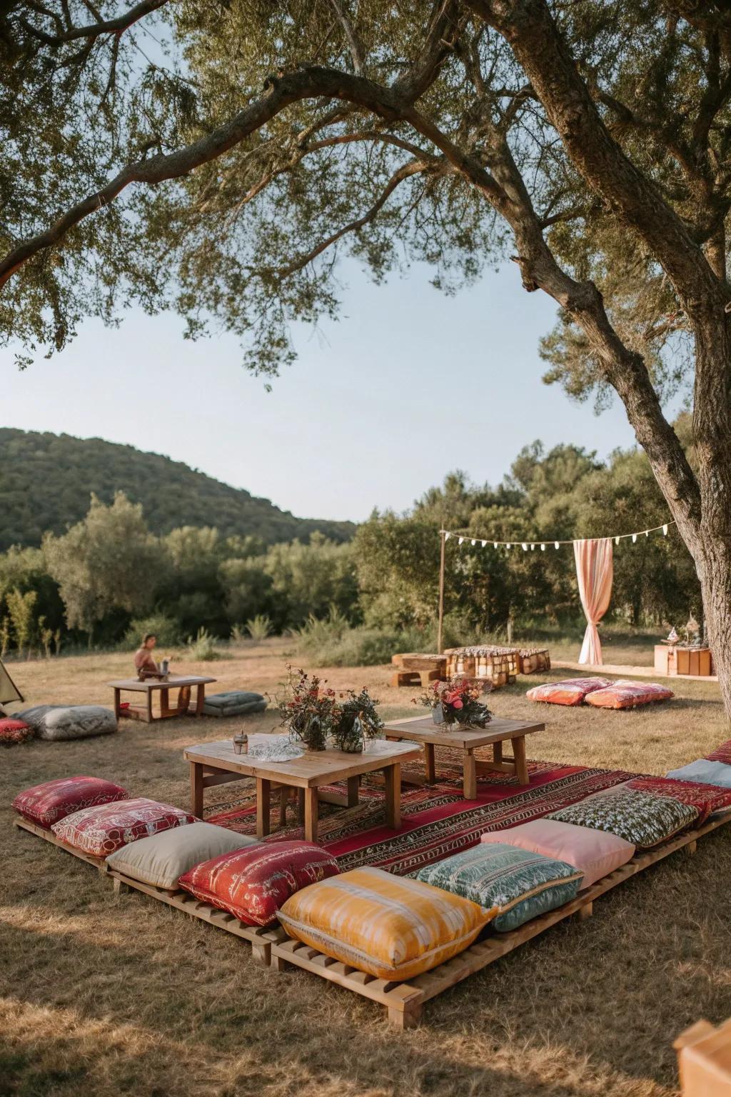 Bohemian seating creating a free-spirited and relaxed vibe.