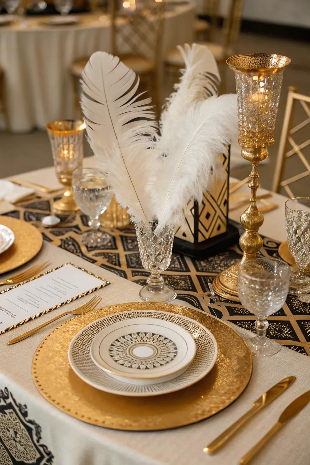 A glamorous Gatsby wedding table setting with opulent details.