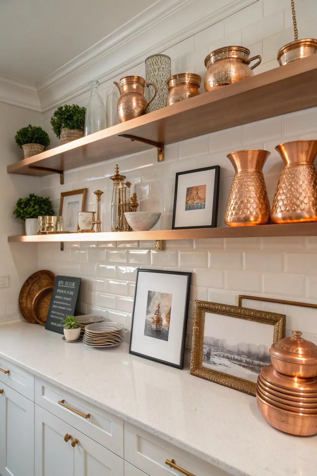 Copper accessories bring warmth and personality to kitchen shelves.