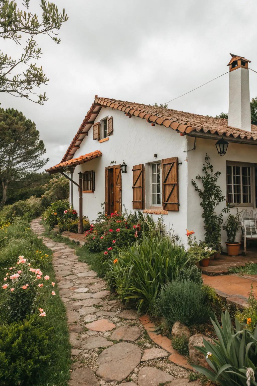 Terracotta trim adds warm, earthy charm to this cozy white home.