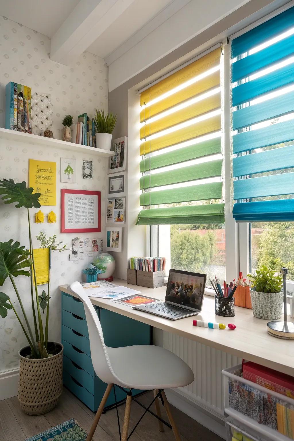 Colorful blinds inject personality and creativity into a home office.