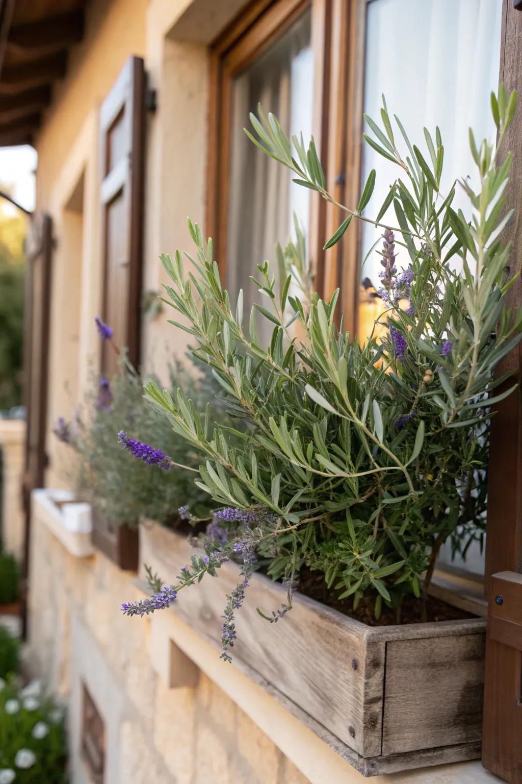 A Mediterranean-inspired window box with olive branches and lavender for rustic charm.