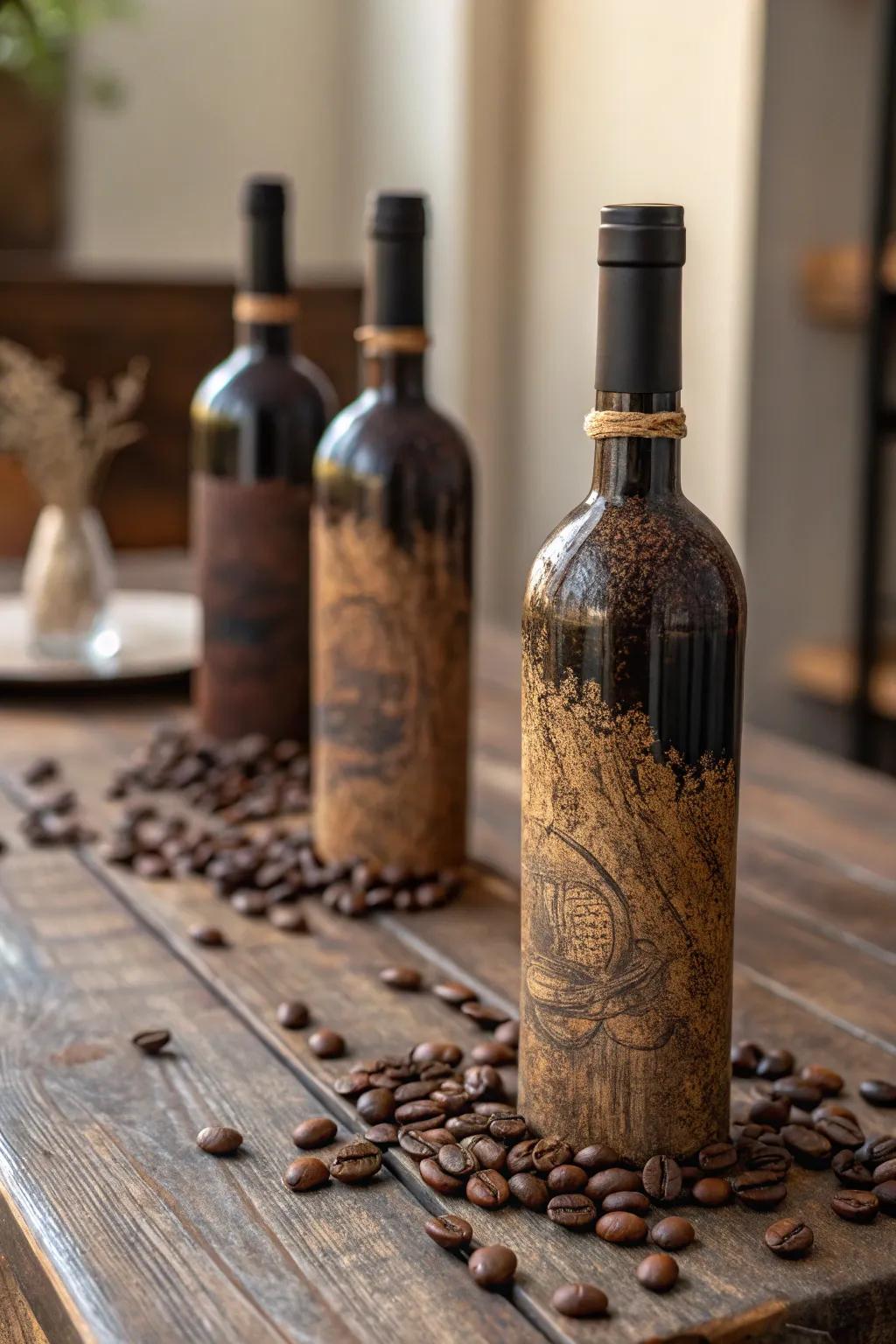 Add rustic texture with coffee ground-painted bottles.